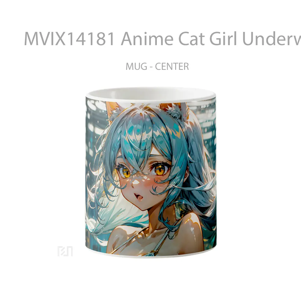 Mug Anime Cat Girl Underwater Blue Hair Yellow Eyes Gelas Hewan Lucu