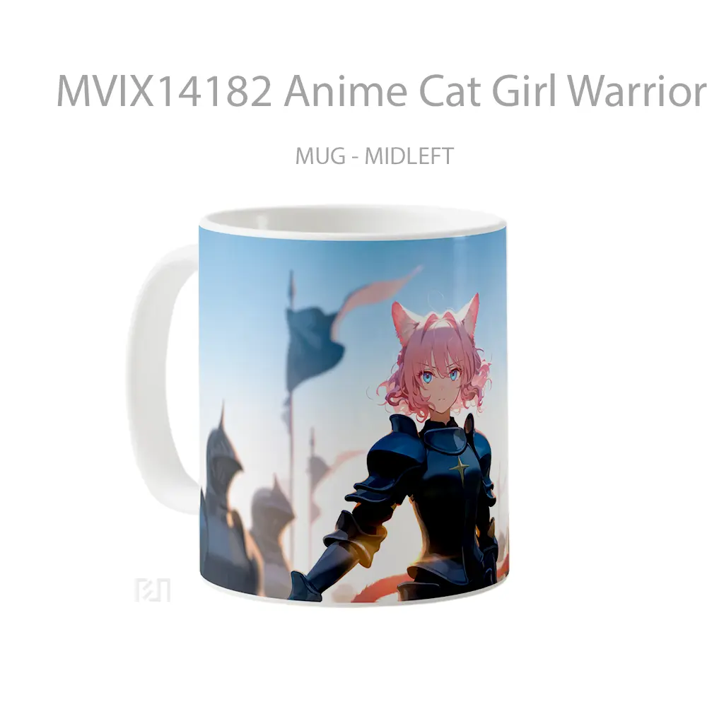 Mug Anime Cat Girl Warrior Armor Pink Hair Fantasy Gelas Hewan Lucu - All-side / Desain