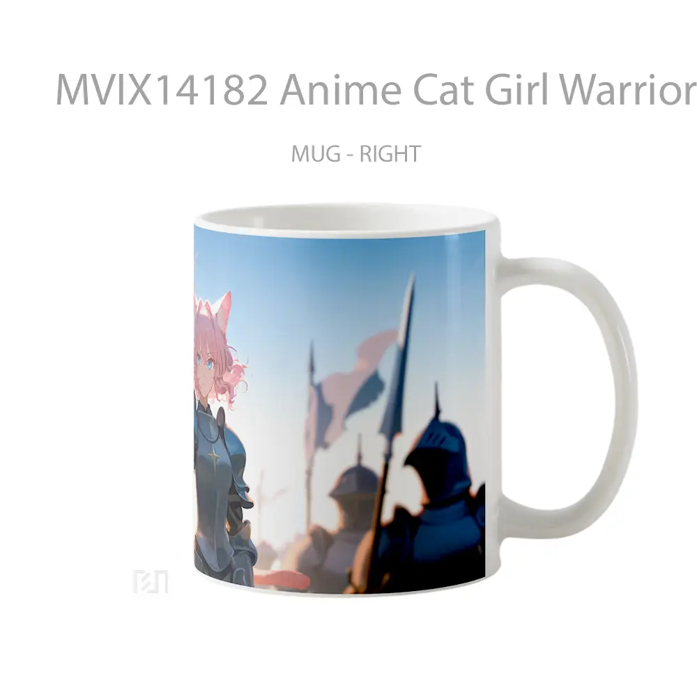 Mug Anime Cat Girl Warrior Armor Pink Hair Fantasy Gelas Hewan Lucu - All-side / Desain