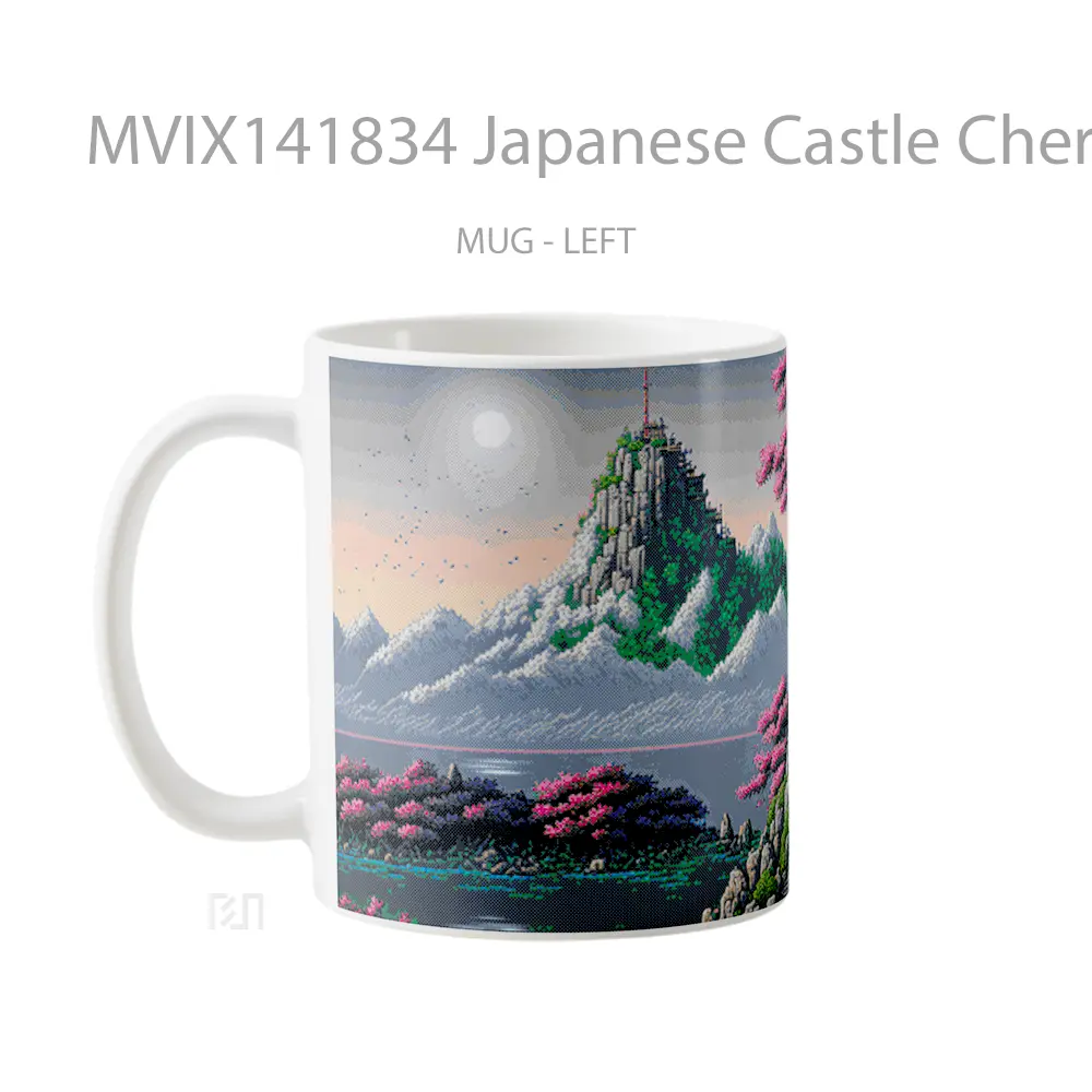 Mug Japanese Castle Cherry Blossom Pixel Art Gelas Keramik Unik - All-side / Desain