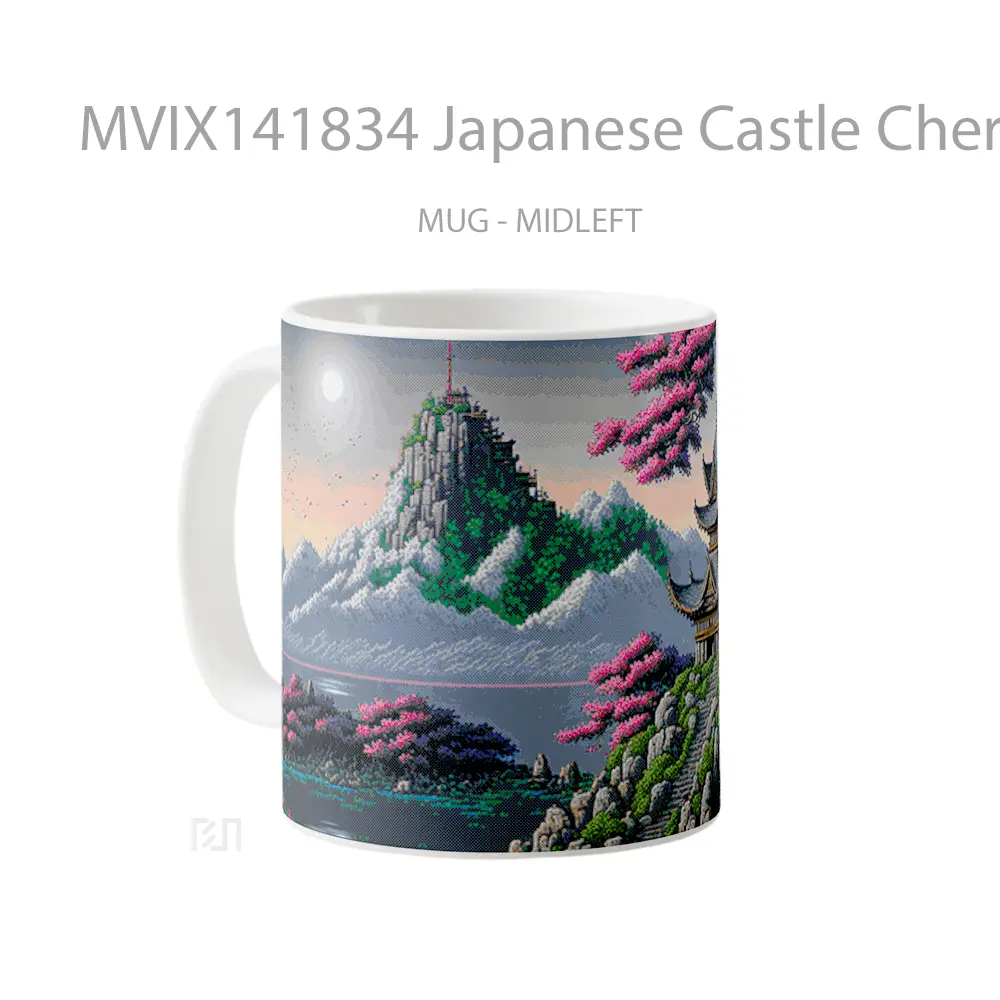 Mug Japanese Castle Cherry Blossom Pixel Art Gelas Keramik Unik - All-side / Desain