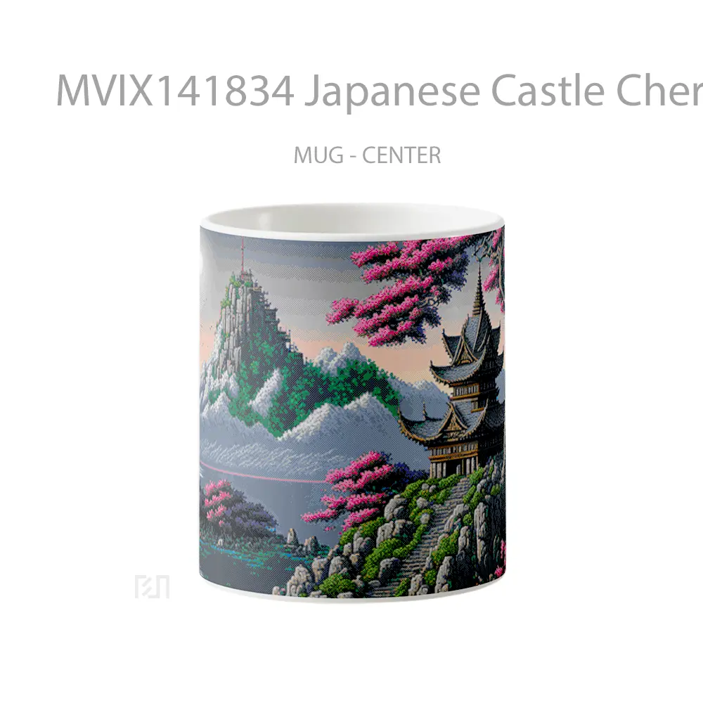 Mug Japanese Castle Cherry Blossom Pixel Art Gelas Keramik Unik