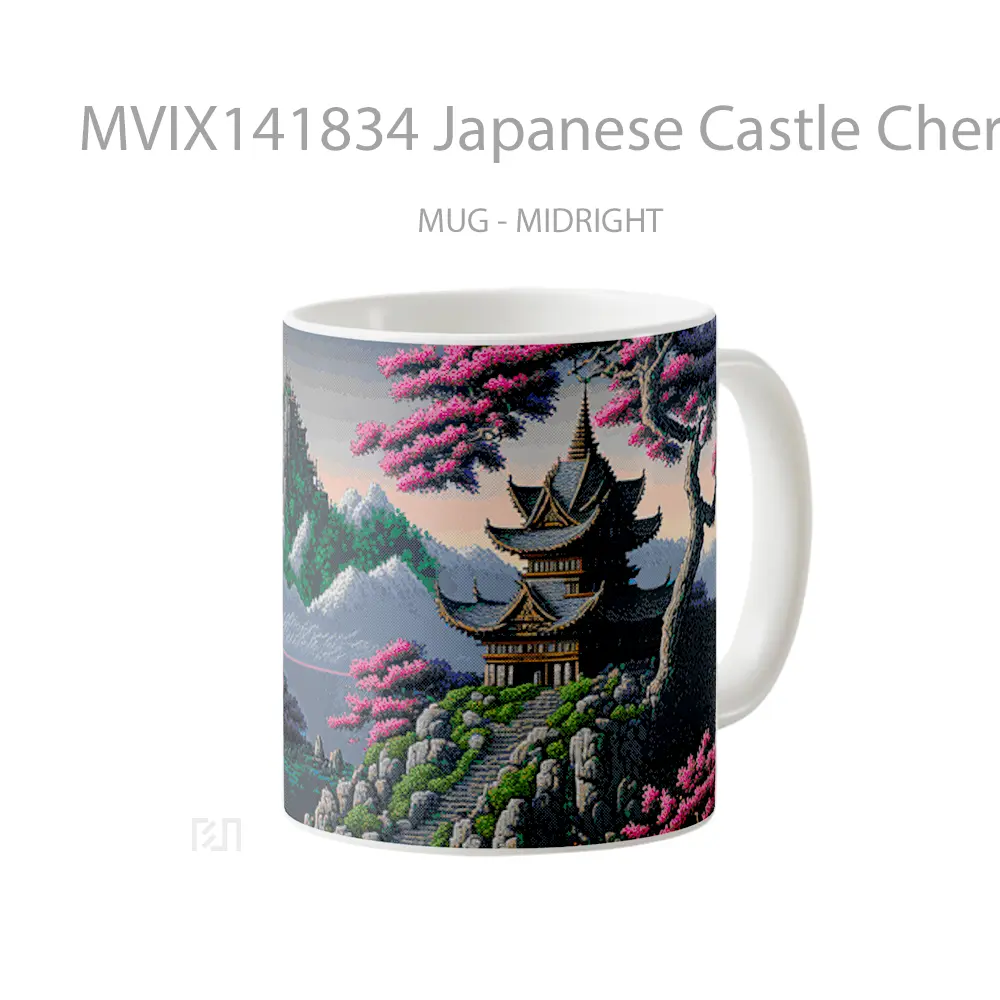 Mug Japanese Castle Cherry Blossom Pixel Art Gelas Keramik Unik - All-side / Desain
