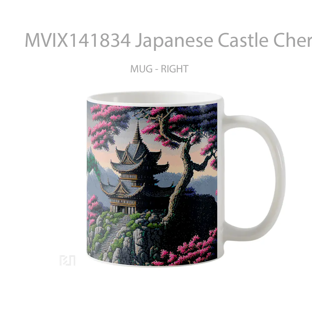 Mug Japanese Castle Cherry Blossom Pixel Art Gelas Keramik Unik - All-side / Desain