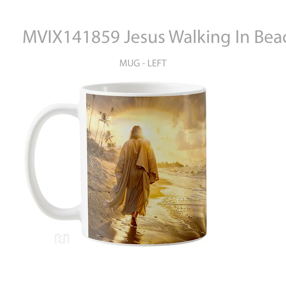 Mug Jesus Walking In Beach Sunrise Gelas Pemandangan Alam - All-side / Desain