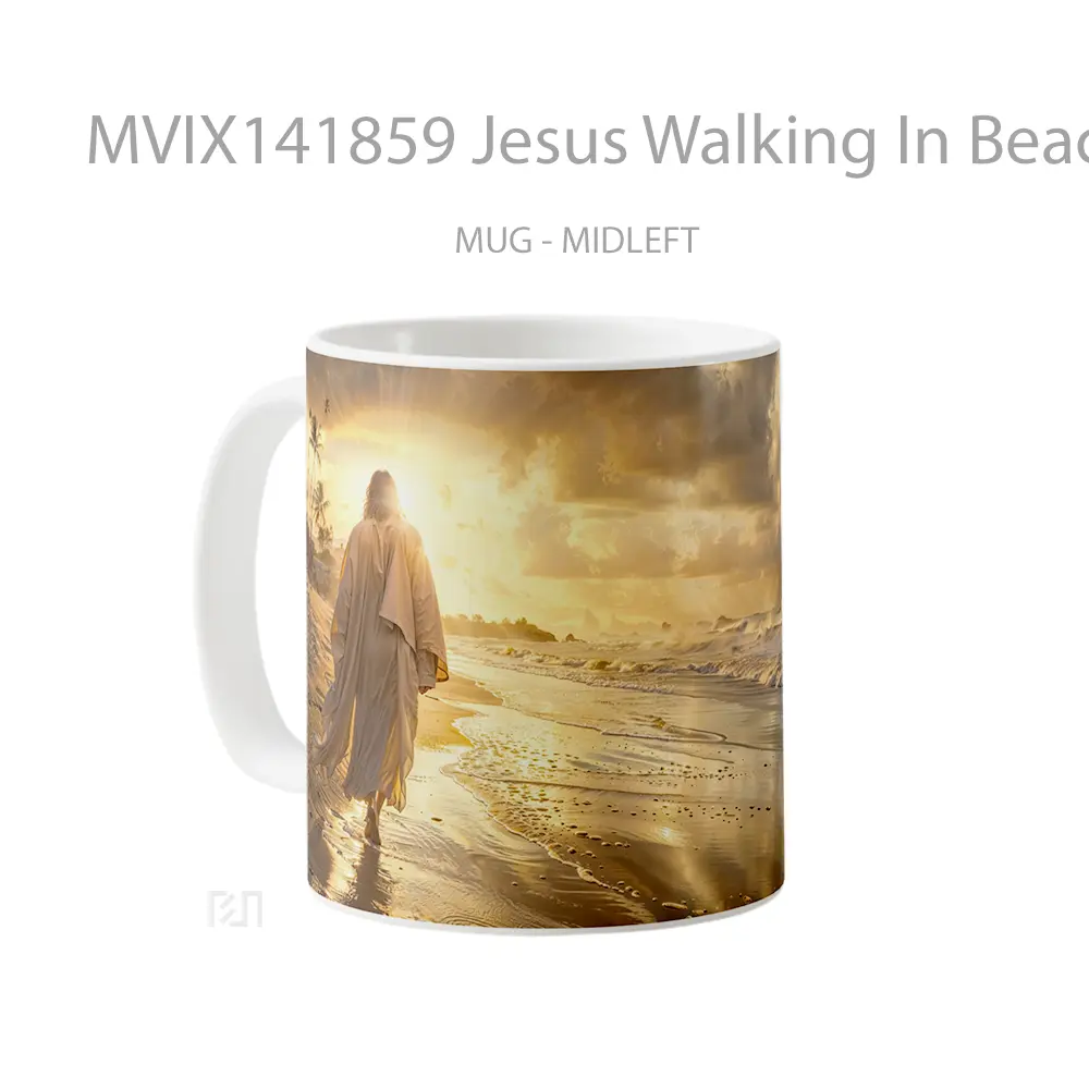 Mug Jesus Walking In Beach Sunrise Gelas Pemandangan Alam - All-side / Desain
