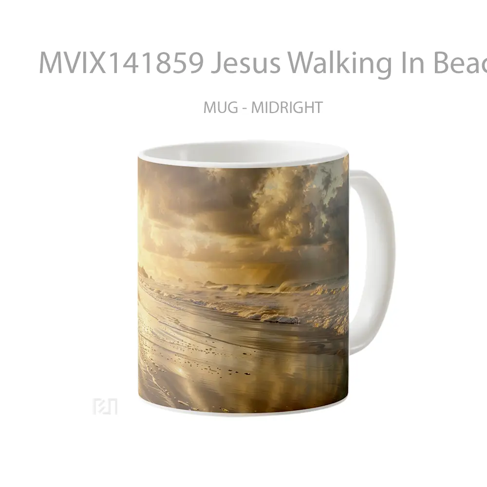 Mug Jesus Walking In Beach Sunrise Gelas Pemandangan Alam - All-side / Desain