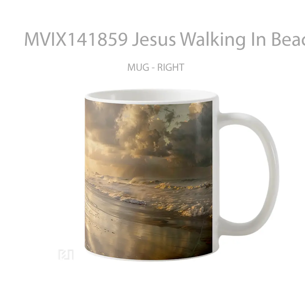 Mug Jesus Walking In Beach Sunrise Gelas Pemandangan Alam - All-side / Desain