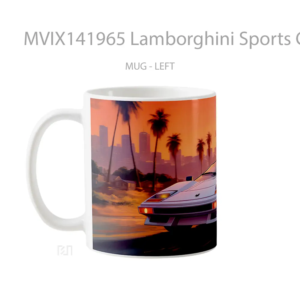 Mug Lamborghini Sports Car Sunset Palm Trees Digital Art Gelas Pemandangan Alam - All-side / Desain