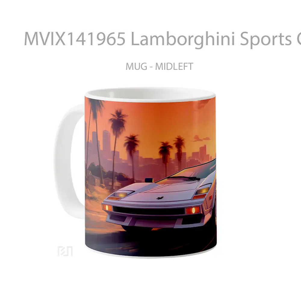 Mug Lamborghini Sports Car Sunset Palm Trees Digital Art Gelas Pemandangan Alam - All-side / Desain