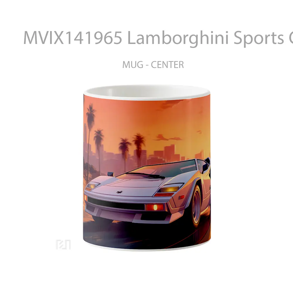Mug Lamborghini Sports Car Sunset Palm Trees Digital Art Gelas Pemandangan Alam
