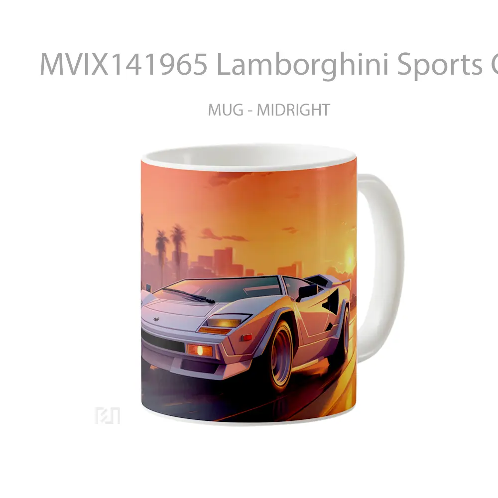Mug Lamborghini Sports Car Sunset Palm Trees Digital Art Gelas Pemandangan Alam - All-side / Desain