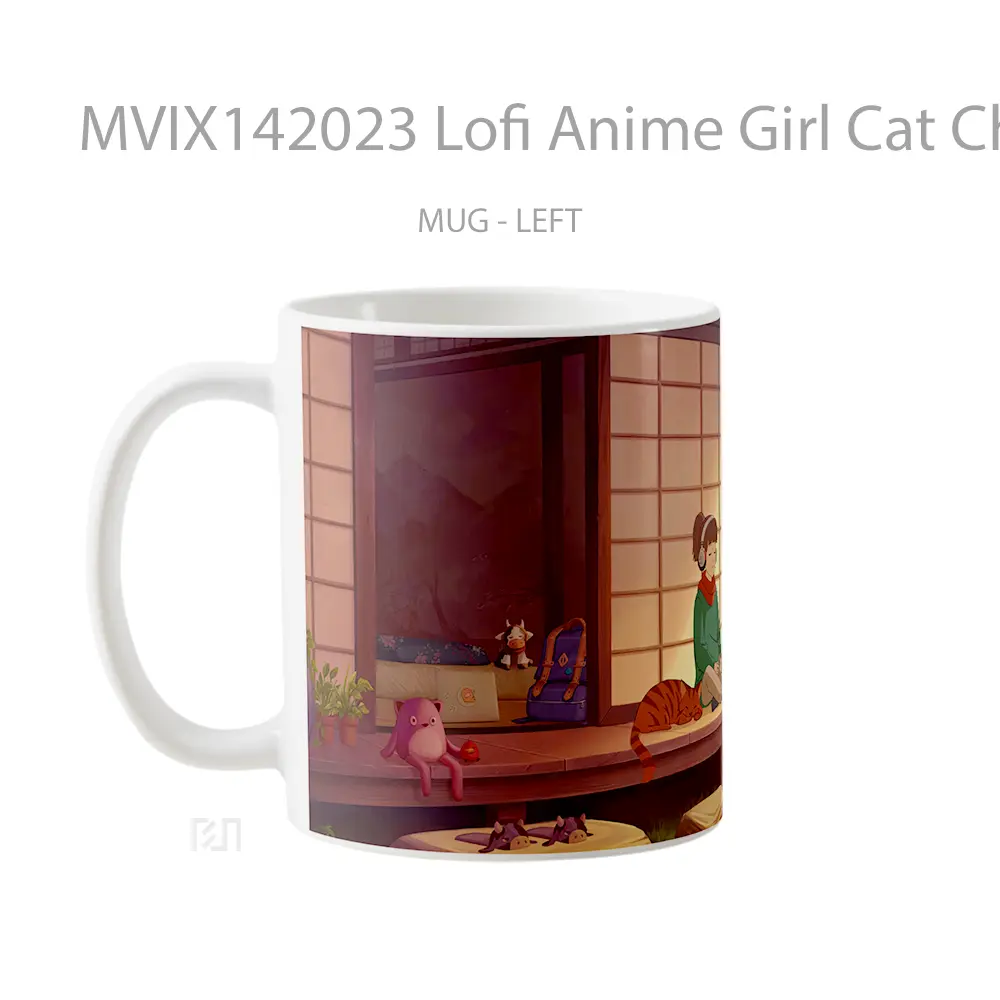 Mug Lofi Anime Girl Cat Chill Headphon Gelas Hewan Lucu - All-side / Desain
