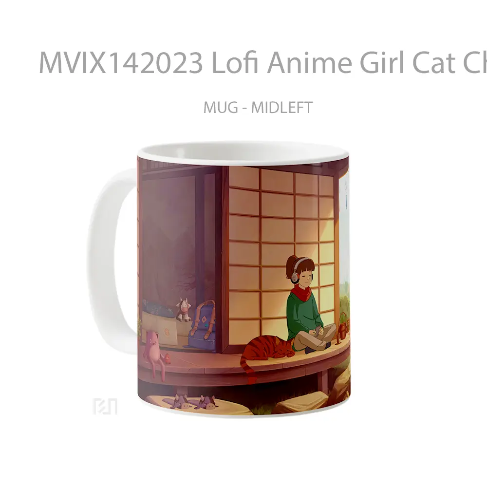 Mug Lofi Anime Girl Cat Chill Headphon Gelas Hewan Lucu - All-side / Desain