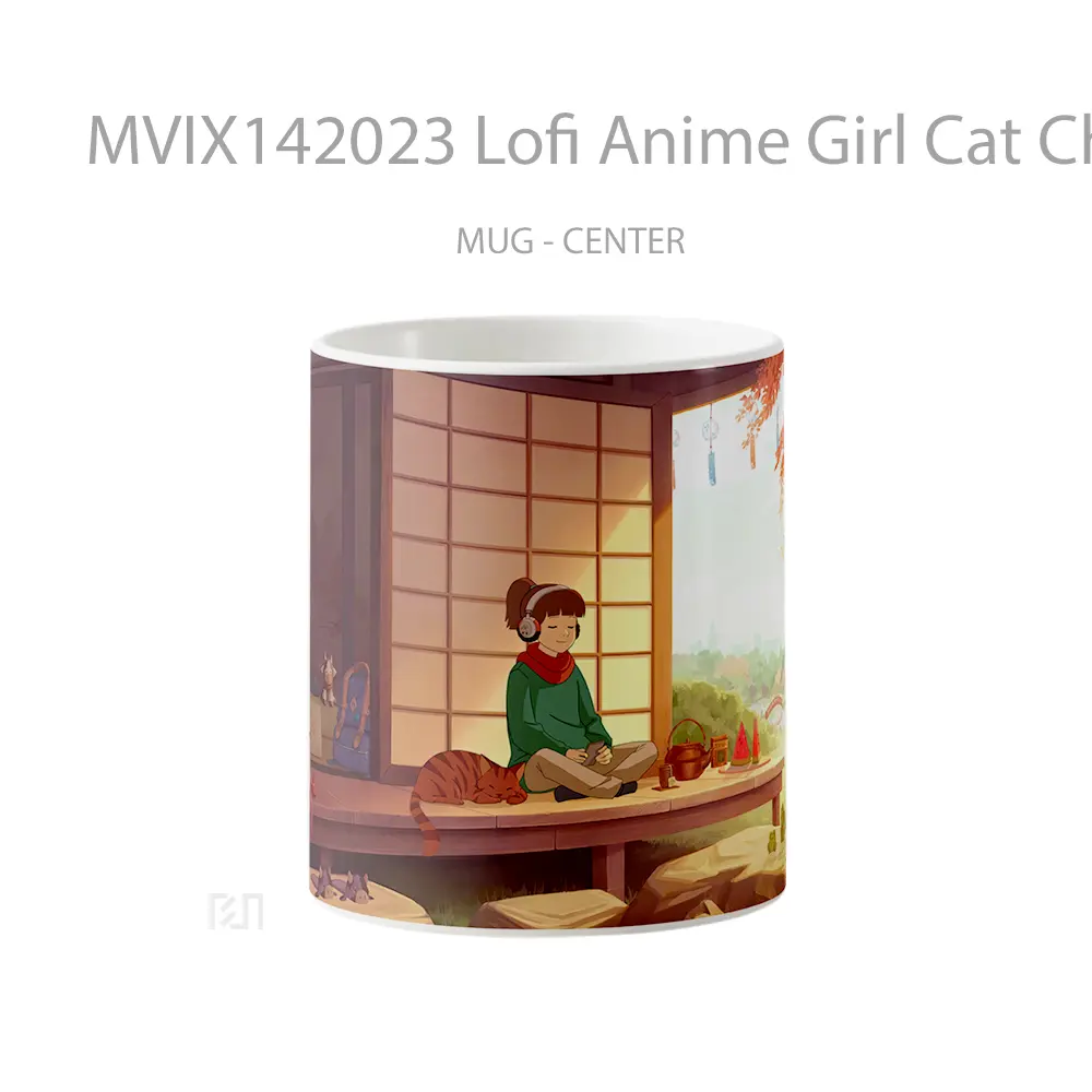Mug Lofi Anime Girl Cat Chill Headphon Gelas Hewan Lucu