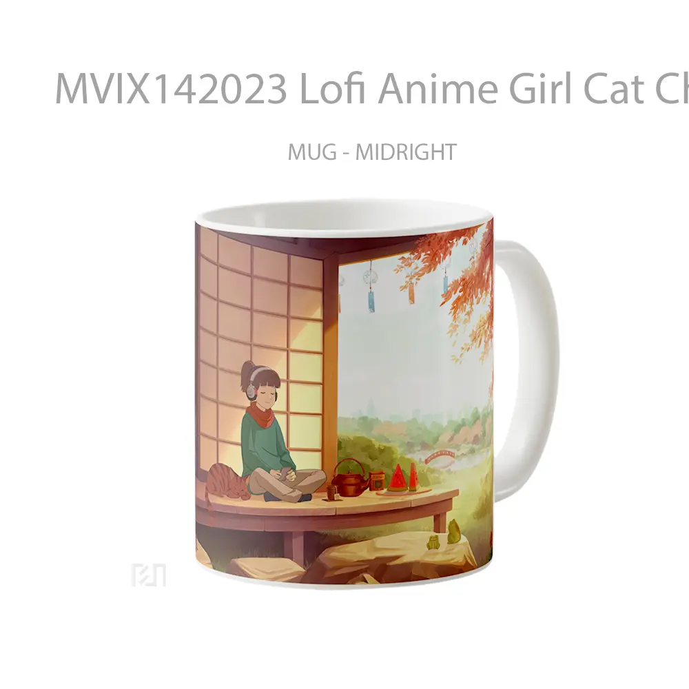 Mug Lofi Anime Girl Cat Chill Headphon Gelas Hewan Lucu - All-side / Desain