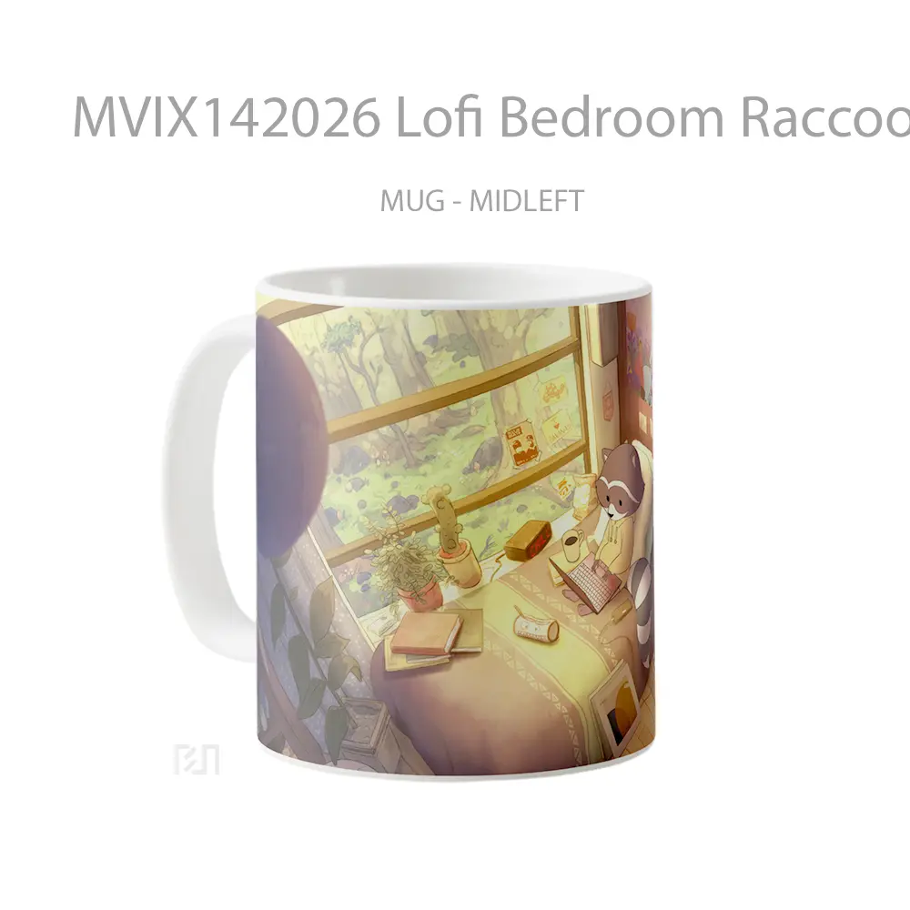 Mug Lofi Bedroom Raccoon Digital Art Gelas Keramik Unik - All-side / Desain
