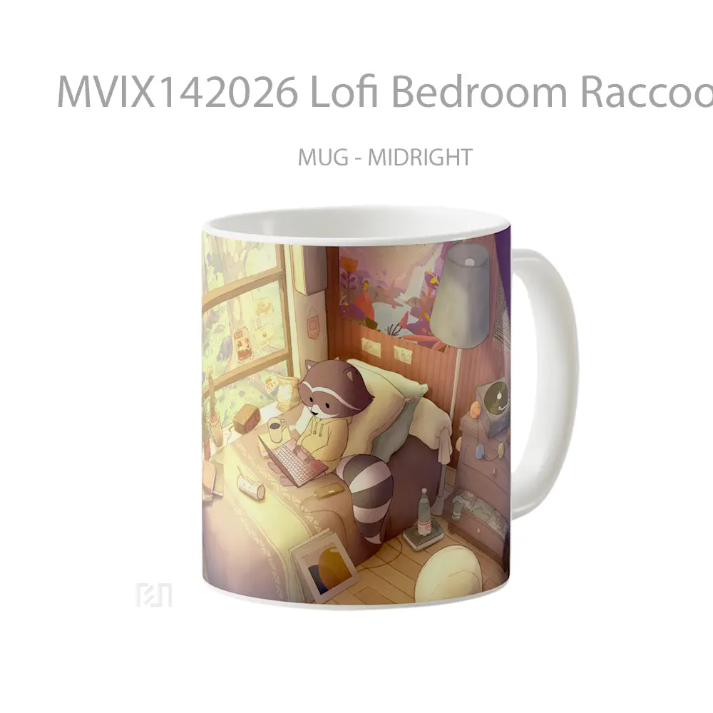 Mug Lofi Bedroom Raccoon Digital Art Gelas Keramik Unik - All-side / Desain