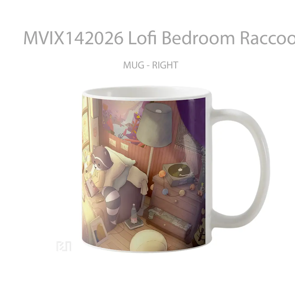Mug Lofi Bedroom Raccoon Digital Art Gelas Keramik Unik - All-side / Desain