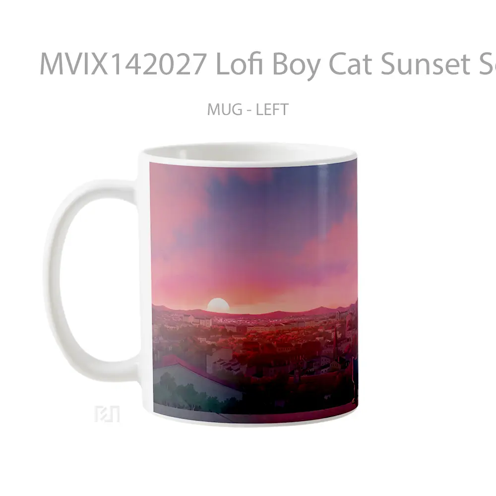 Mug Lofi Boy Cat Sunset Scenery Digital Art Gelas Hewan Lucu - All-side / Desain