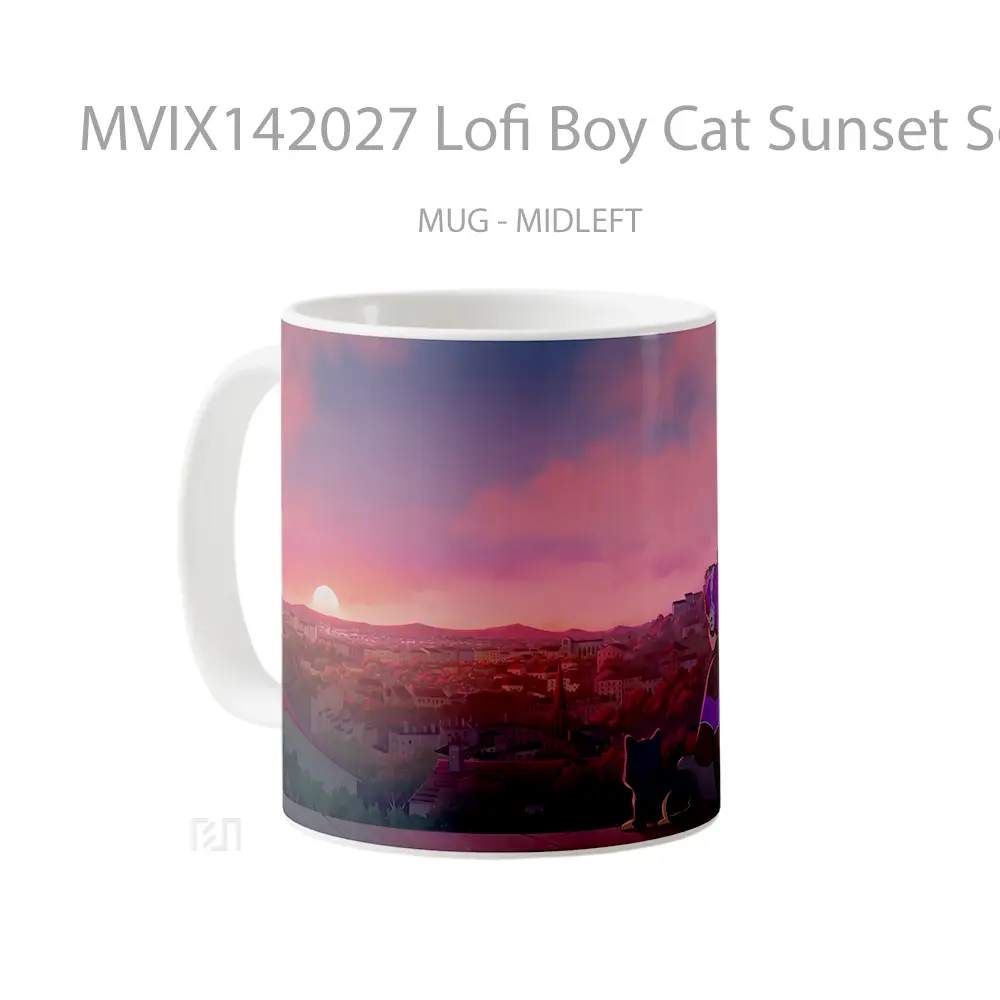 Mug Lofi Boy Cat Sunset Scenery Digital Art Gelas Hewan Lucu - All-side / Desain