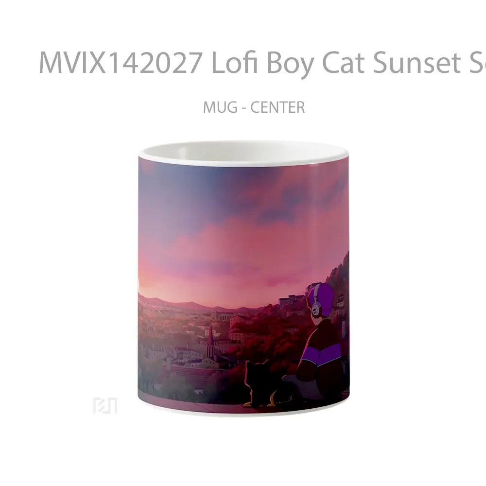 Mug Lofi Boy Cat Sunset Scenery Digital Art Gelas Hewan Lucu