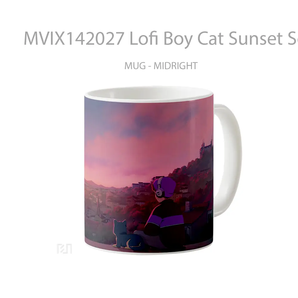 Mug Lofi Boy Cat Sunset Scenery Digital Art Gelas Hewan Lucu - All-side / Desain