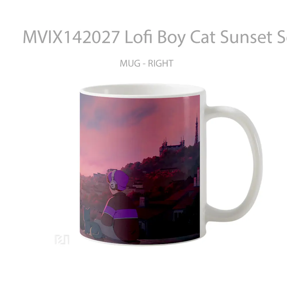 Mug Lofi Boy Cat Sunset Scenery Digital Art Gelas Hewan Lucu - All-side / Desain