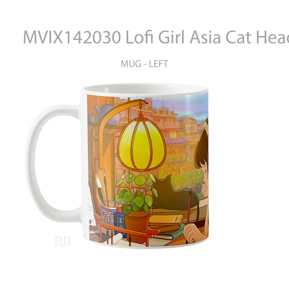 Mug Lofi Girl Asia Cat Headpone Anim Gelas Hewan Lucu - All-side / Desain