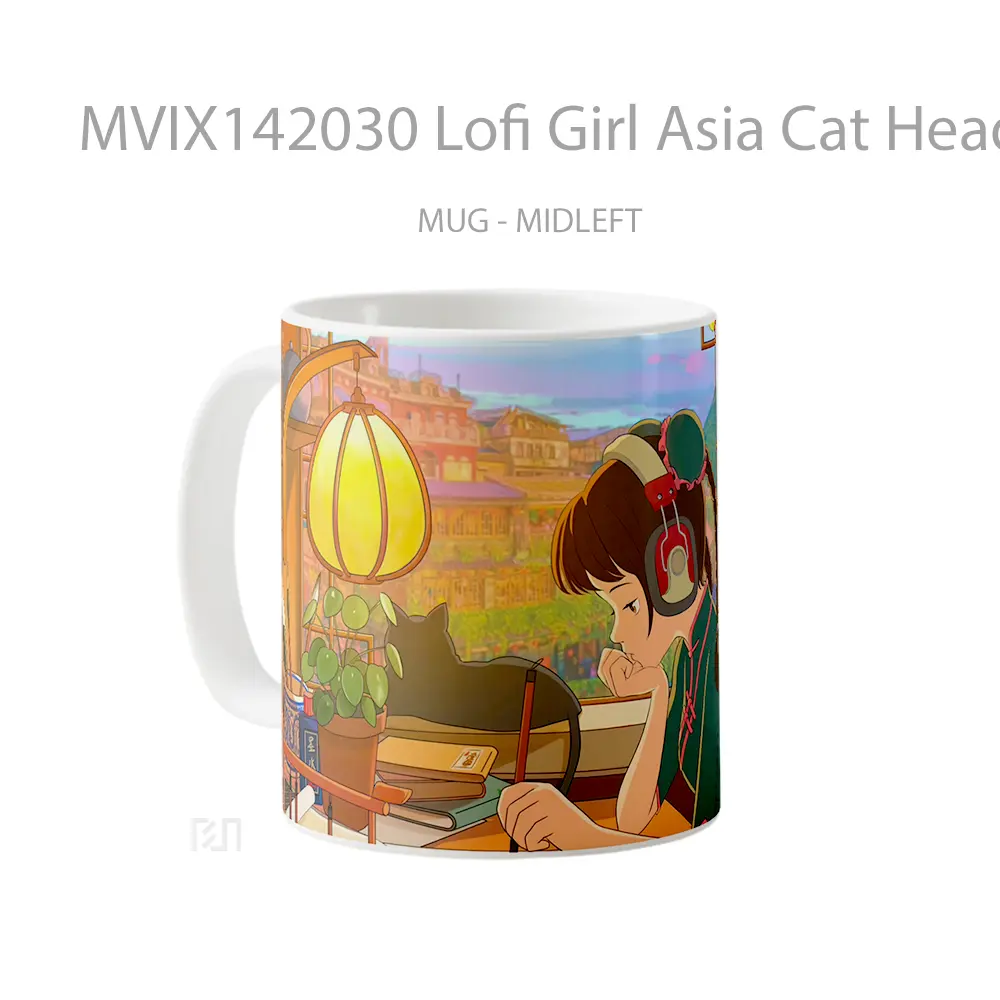 Mug Lofi Girl Asia Cat Headpone Anim Gelas Hewan Lucu - All-side / Desain