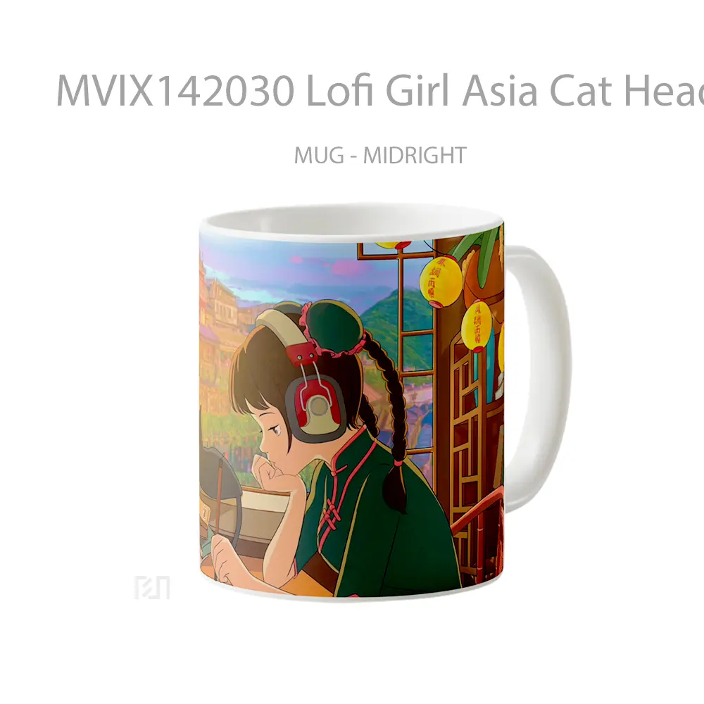 Mug Lofi Girl Asia Cat Headpone Anim Gelas Hewan Lucu - All-side / Desain
