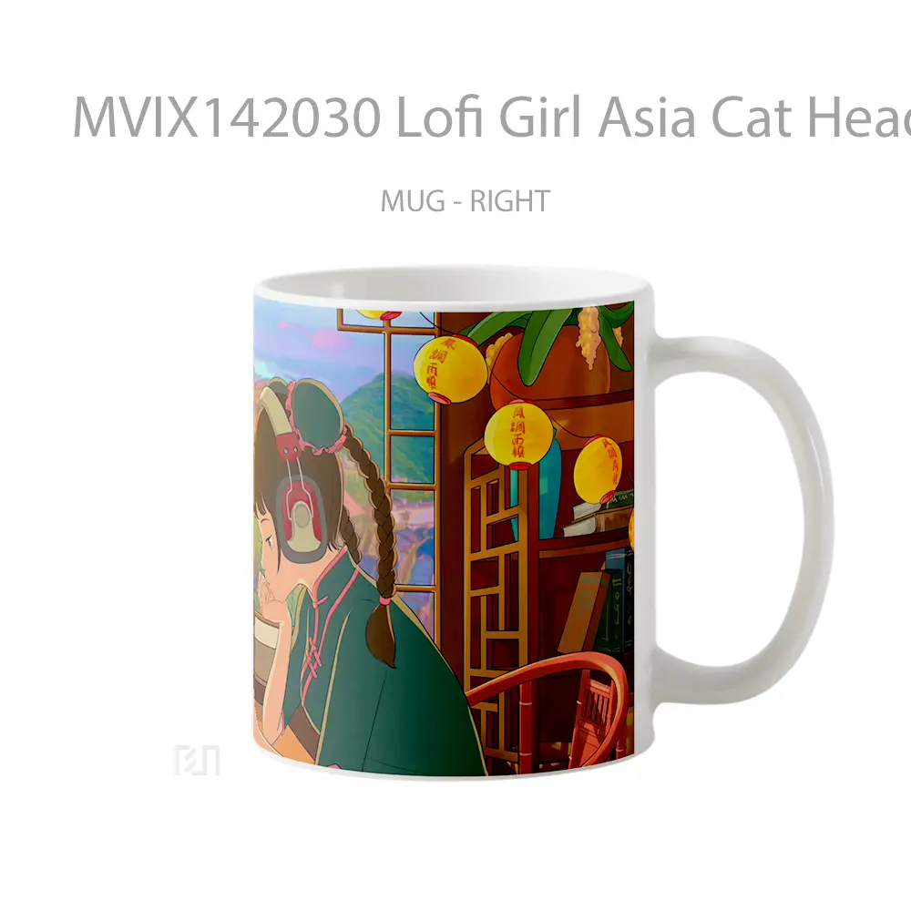 Mug Lofi Girl Asia Cat Headpone Anim Gelas Hewan Lucu - All-side / Desain