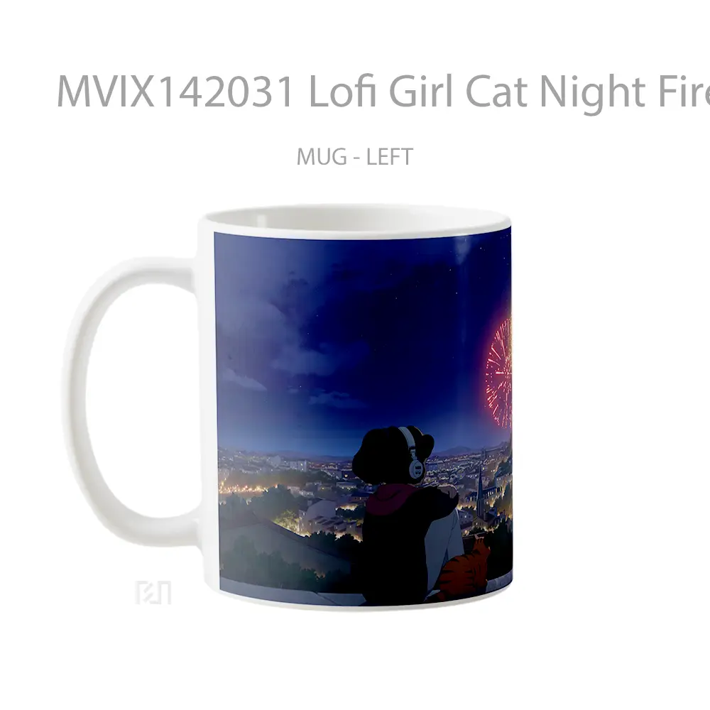 Mug Lofi Girl Cat Night Fireworks Gelas Hewan Lucu - All-side / Desain