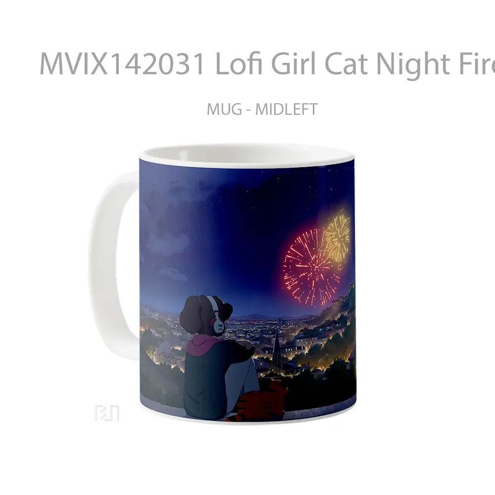 Mug Lofi Girl Cat Night Fireworks Gelas Hewan Lucu - All-side / Desain
