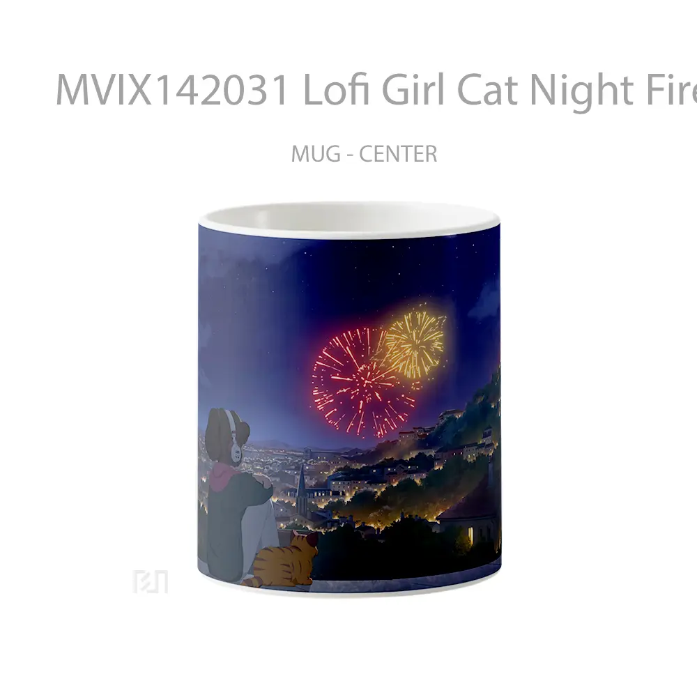Mug Lofi Girl Cat Night Fireworks Gelas Hewan Lucu
