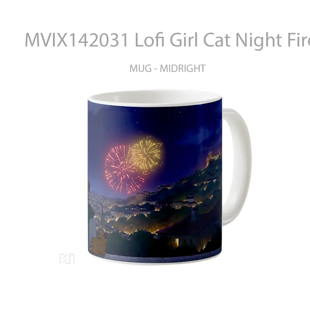 Mug Lofi Girl Cat Night Fireworks Gelas Hewan Lucu - All-side / Desain
