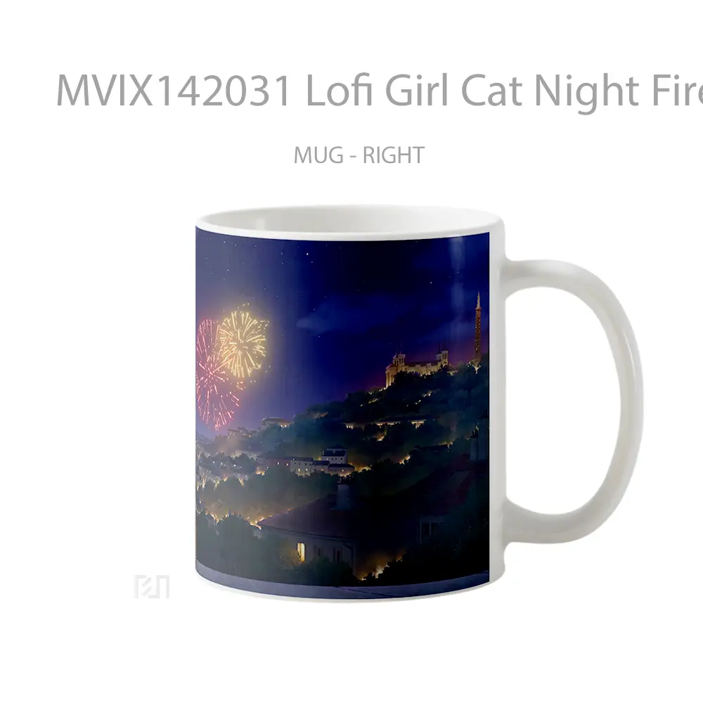Mug Lofi Girl Cat Night Fireworks Gelas Hewan Lucu - All-side / Desain