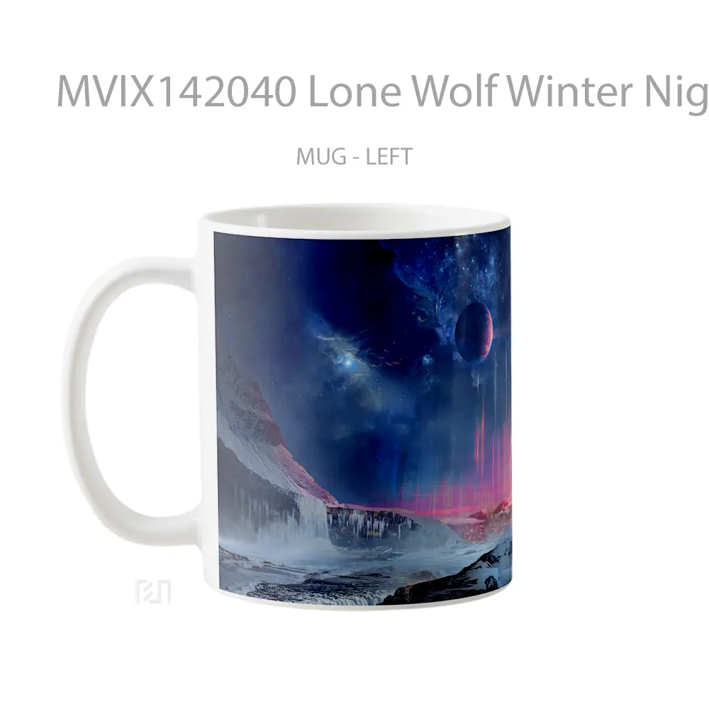 Mug Lone Wolf Winter Night Sky Moon Animal Digital Art Gelas Hewan Lucu - All-side / Desain