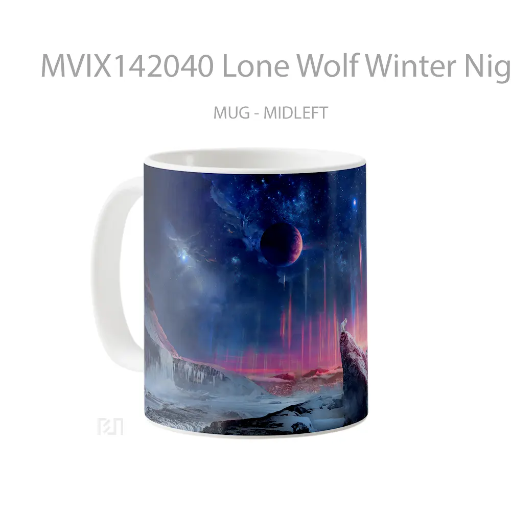Mug Lone Wolf Winter Night Sky Moon Animal Digital Art Gelas Hewan Lucu - All-side / Desain