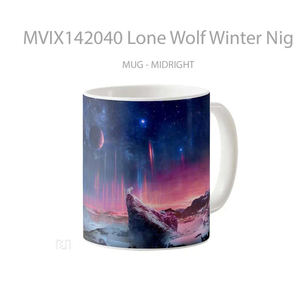Mug Lone Wolf Winter Night Sky Moon Animal Digital Art Gelas Hewan Lucu - All-side / Desain