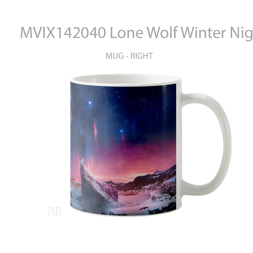 Mug Lone Wolf Winter Night Sky Moon Animal Digital Art Gelas Hewan Lucu - All-side / Desain