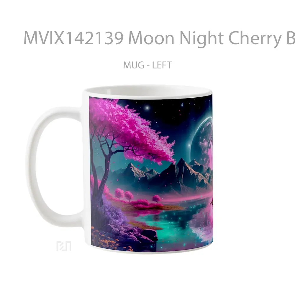 Mug Moon Night Cherry Blossom Scenery Digital Art Gelas Keramik Unik - All-side / Desain