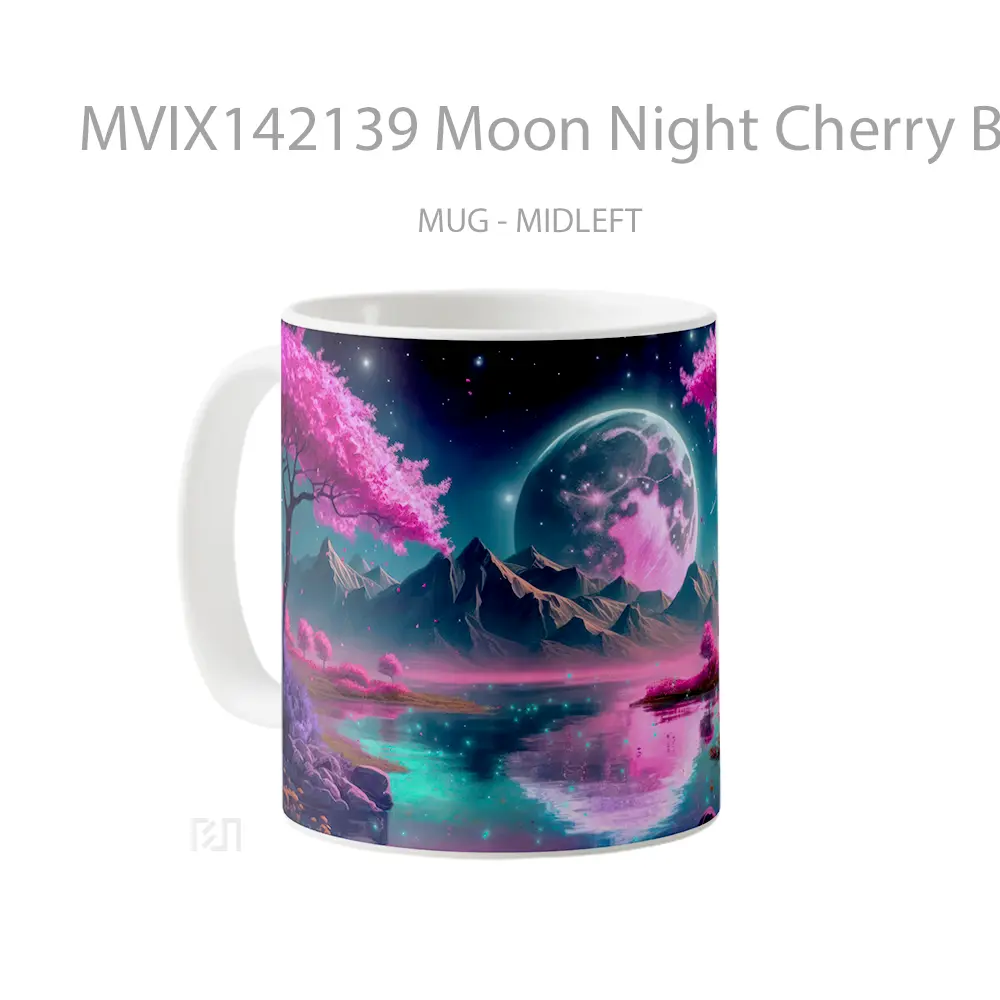 Mug Moon Night Cherry Blossom Scenery Digital Art Gelas Keramik Unik - All-side / Desain