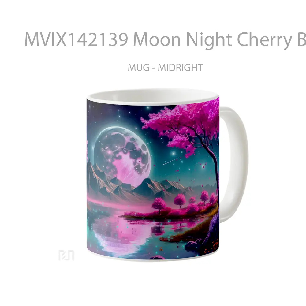 Mug Moon Night Cherry Blossom Scenery Digital Art Gelas Keramik Unik - All-side / Desain