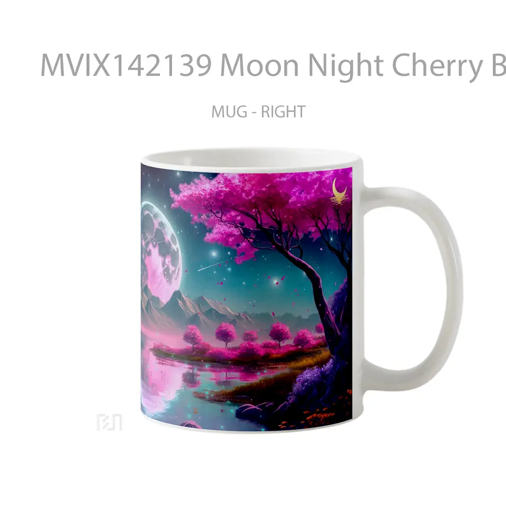 Mug Moon Night Cherry Blossom Scenery Digital Art Gelas Keramik Unik - All-side / Desain