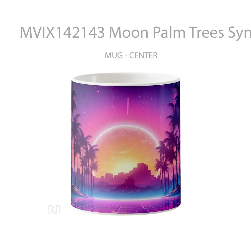 Mug Moon Palm Trees Synthwave Gelas Keramik Unik