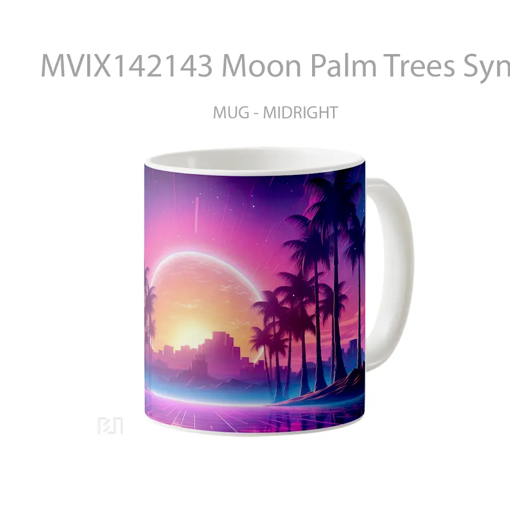 Mug Moon Palm Trees Synthwave Gelas Keramik Unik - All-side / Desain