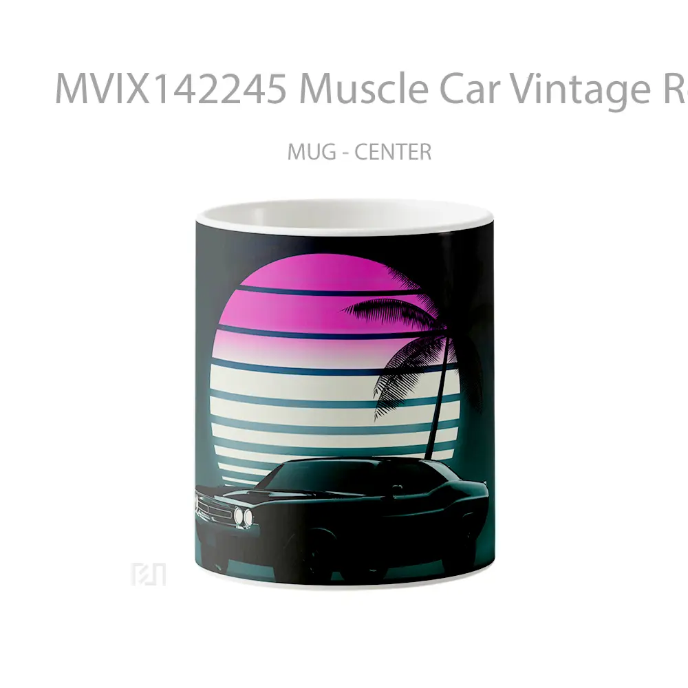 Mug Muscle Car Vintage Retrowave Sunset Neon Digital Art Gelas Pemandangan Alam