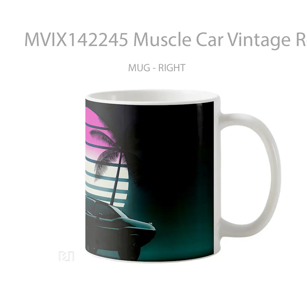 Mug Muscle Car Vintage Retrowave Sunset Neon Digital Art Gelas Pemandangan Alam - All-side / Desain