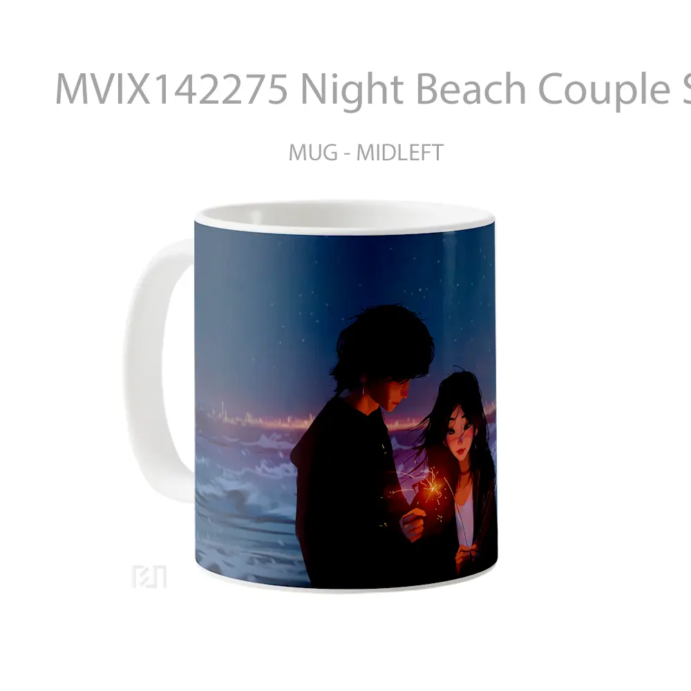 Mug Night Beach Couple Sparkler Digital Ar Gelas Pemandangan Alam - All-side / Desain
